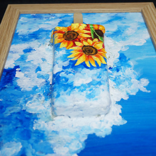 油絵 油彩 油彩画 絵 絵画【青空と雲とひまわりの解けないアイスキャンディー】 油絵 油彩 油彩画 絵 絵画【青空と雲とひまわりの解けないアイス