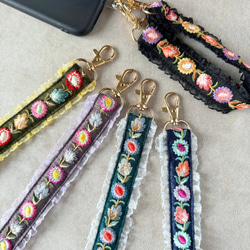 印度刺繡絲帶手帶、短帶、智慧型手機吊帶、Kokkuri 5 種平靜顏色 第1張的照片