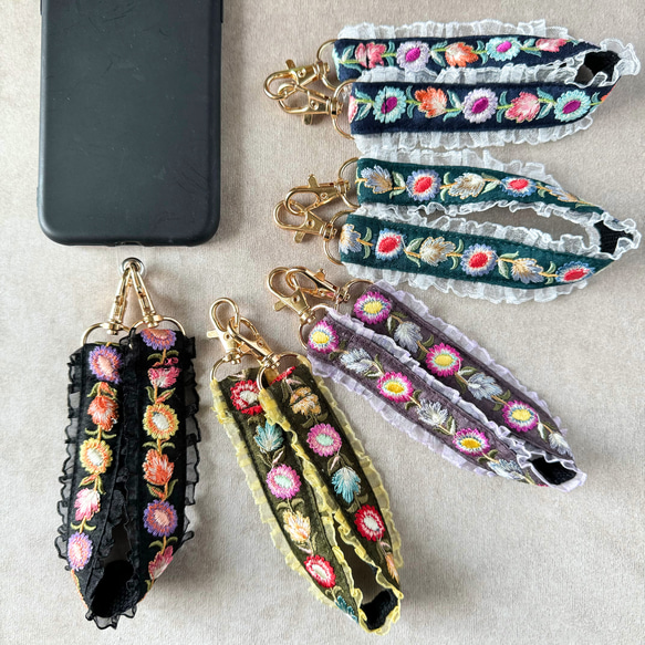 印度刺繡絲帶手帶、短帶、智慧型手機吊帶、Kokkuri 5 種平靜顏色 第2張的照片