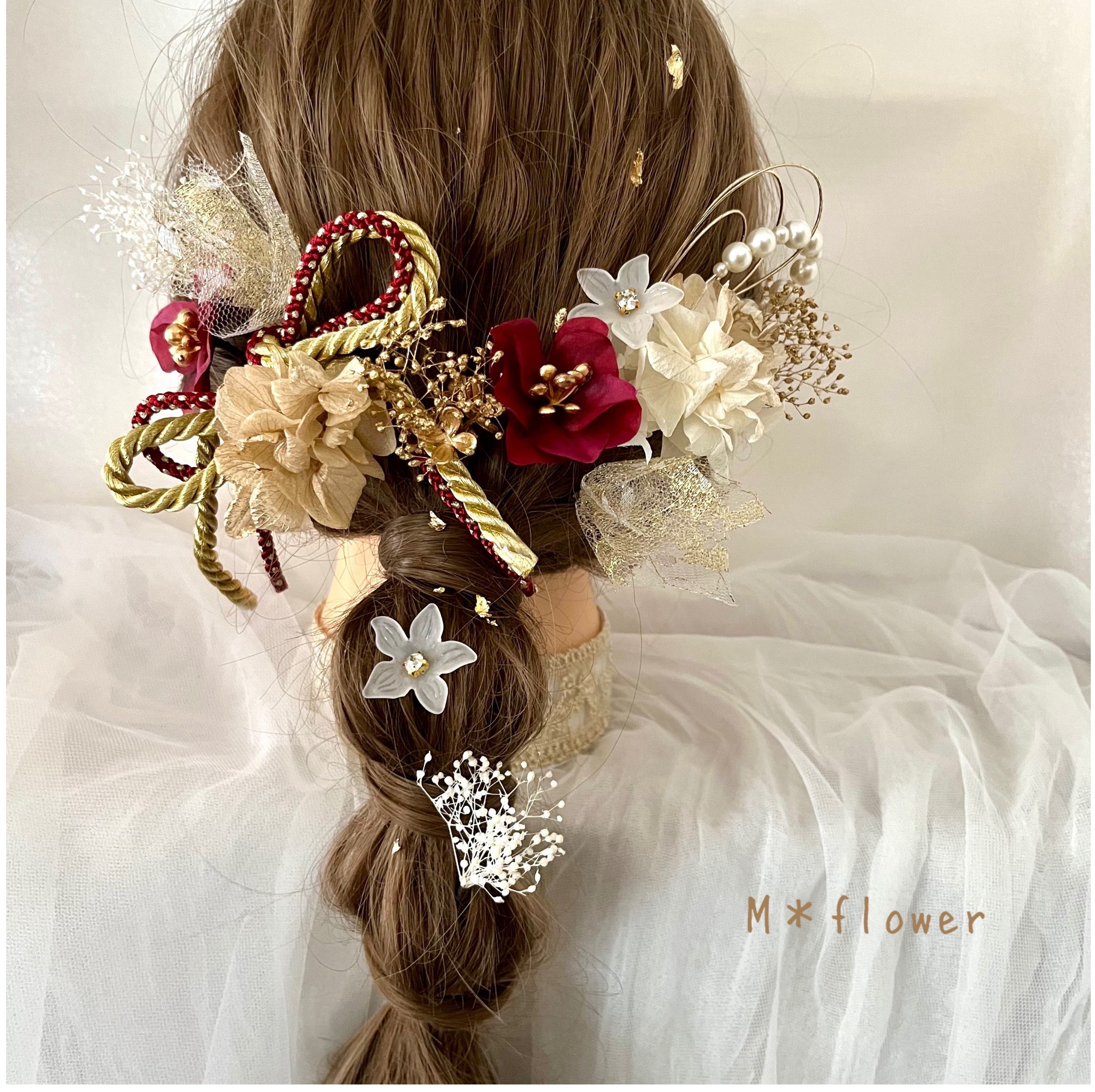 《送料無料》＊ボルドー×パール水引＊成人式髪飾り 卒業式 髪飾り和装髪飾り 紐アレンジ 赤 リボン チュールレース