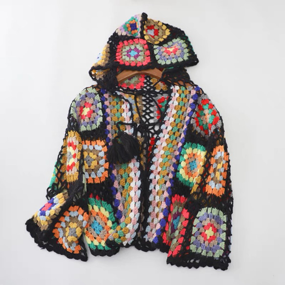 手編み フード付きフラワークロシェモチーフ カーディガン かぎ針編み  