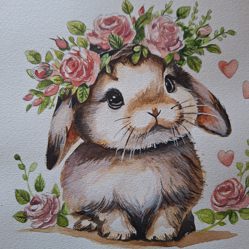 水彩画 バラの大好きなうさぎちゃん 絵画 makochin 通販 18057936