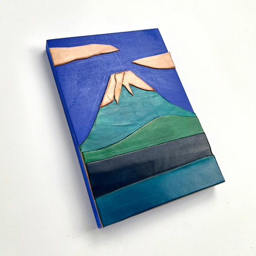 レザーのコラージュアート（富士山） 革 A5サイズ 木製パネル