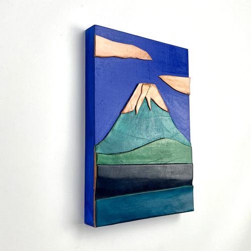 レザーのコラージュアート（富士山） 革 A5サイズ 木製パネル