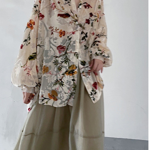 草木の影模様に浮かぶ花が美しい♪異素材MIX花柄ブラウス シャツ 草木の影模様に浮かぶ花が美しい♪異素材MIX花柄ブラウス シャツ