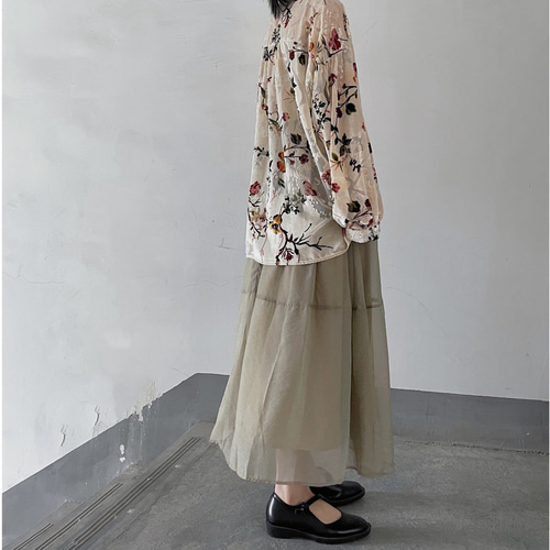 草木の影模様に浮かぶ花が美しい♪異素材MIX花柄ブラウス シャツ 草木の影模様に浮かぶ花が美しい♪異素材MIX花柄ブラウス シャツ