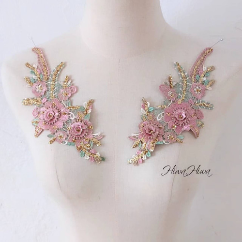 ロココ調 グリッターゴールドラメ 刺繍お花モチーフレース ペア 新体操