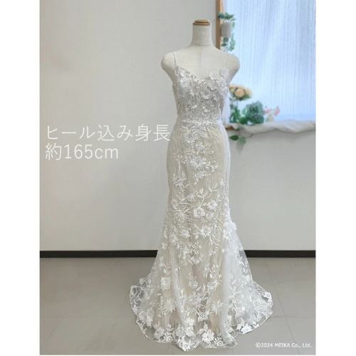 前撮りドレス　ベージュ ロングトレーン 大人可愛い刺繍ベージュドレス。全体に刺繍が施されたロング