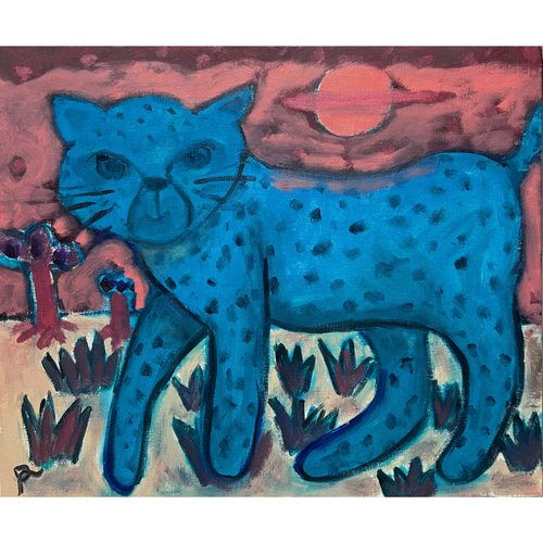 オリジナルの動物油絵f: ゆうやけこやけ】F8 絵画 原画 油絵 油彩 キャンバス チーター ヒョウ