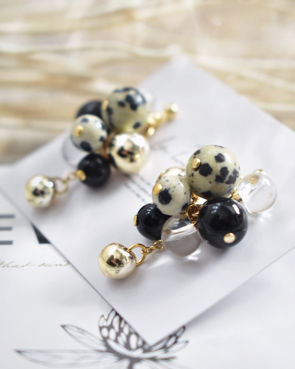 ダルメシアンジャスパー×もこもこピアス/イヤリング⑅*॰ॱ 2枚目の画像