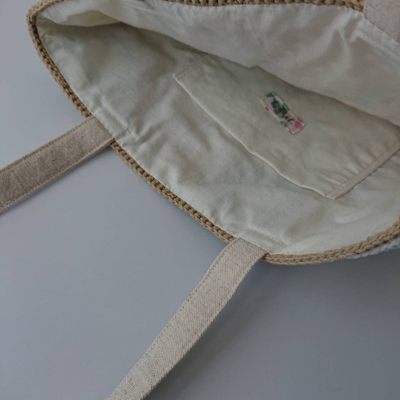 クロッシェグラニースクエアミニバッグ・ベージュ×ブルー(コットン糸・ かぎ針編み  ) 人気・おすすめ｜使いやすい・旅行におすすめ 品質保証 全国発送 日本国内発送・最短翌日お届け