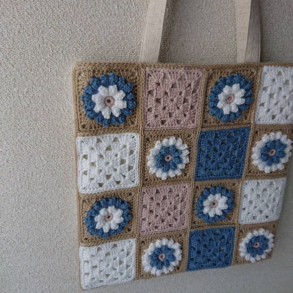 クロッシェグラニースクエアミニバッグ・ベージュ×ブルー(コットン糸・ かぎ針編み  ) 人気・おすすめ｜使いやすい・旅行におすすめ 品質保証 全国発送 日本国内発送・最短翌日お届け