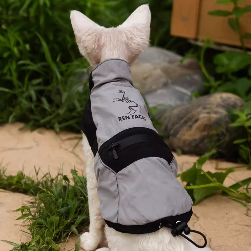 〈オーダーメイド可能〉猫服 犬服 ペット服 ネコ 灰色の恐竜骨格柄フリースジャケット スフィンクス猫 防水 日焼け止め