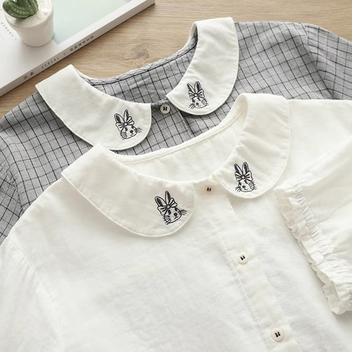 チェック柄ブラウス コットン 刺繍 動物 うさぎ シャツ トップス 五分