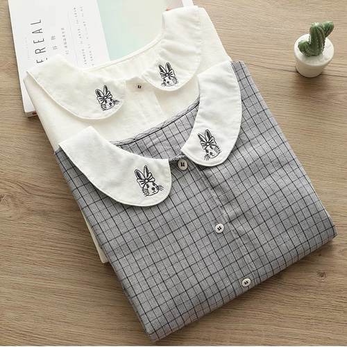 チェック柄ブラウス コットン 刺繍 動物 うさぎ シャツ トップス