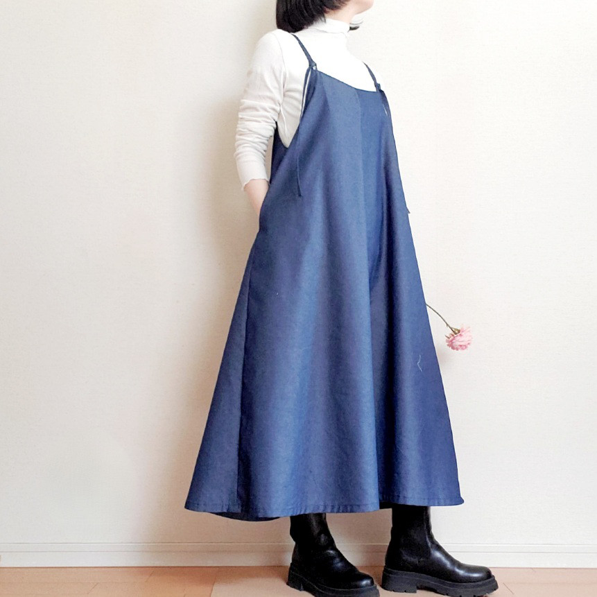 前後2way一年中着回せる♡スッキリ見える大人のデニムサロペットスカート　 シワになりにくいコットンポリ素材