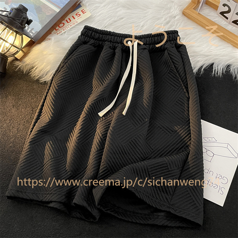 シンプルジャカードパンツメンズ夏のロープ引き5分ストレートワイドパンツカジュアルアウター