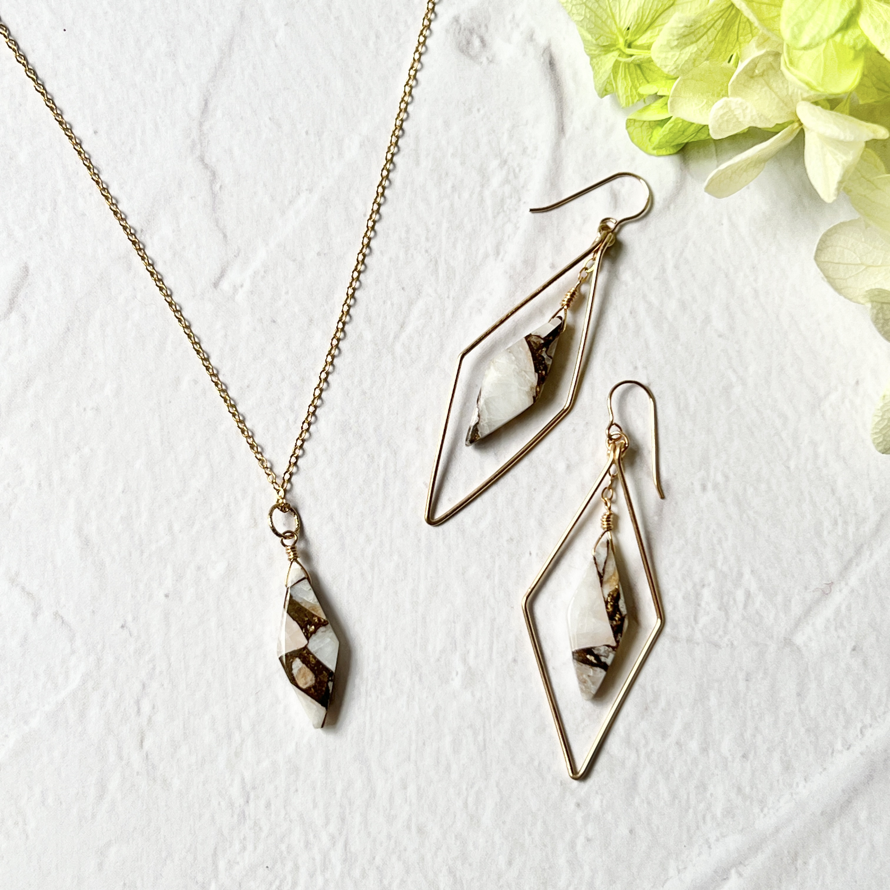 カルサイトコッパーのダイヤフープのピアス/イヤリングとネックレスのセット_14kgf✴︎コフレ✴︎ギフト