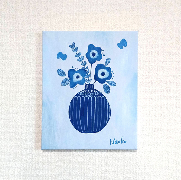 アート『花瓶と青い花』アクリル絵 原画 絵画 サイズ約26.8