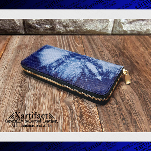 本藍絞り染め】ダイヤモンドパイソン(ヘビ革、本藍染め、絞り染め