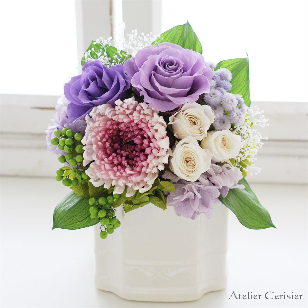 ☆プリザーブドフラワー 仏花＜エクラン-2 Ｍサイズ＞パープル ローズ 菊 【お供え花】