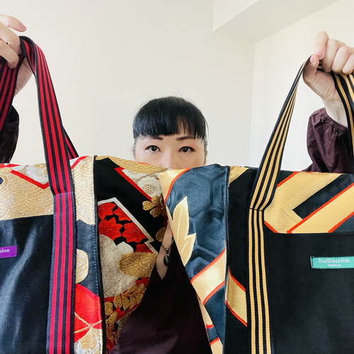 帯リメイク・T004・トートバッグ・黒ゴールド・和柄・シルク100  