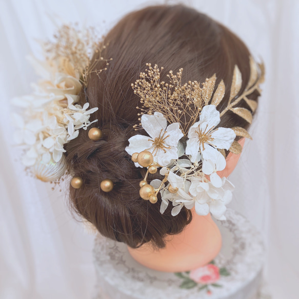大きい 豪華！成人式 髪飾り 結婚式  着物 袴 和装 卒業式 オフホワイト ドライフラワー ウェディング ゴールド 4枚目の画像