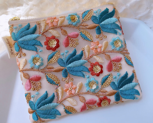 インド刺繍リボン　フラットポーチ　専用ページ インド／刺繍リボン】＊フラットポーチ＊ カラビナ付き