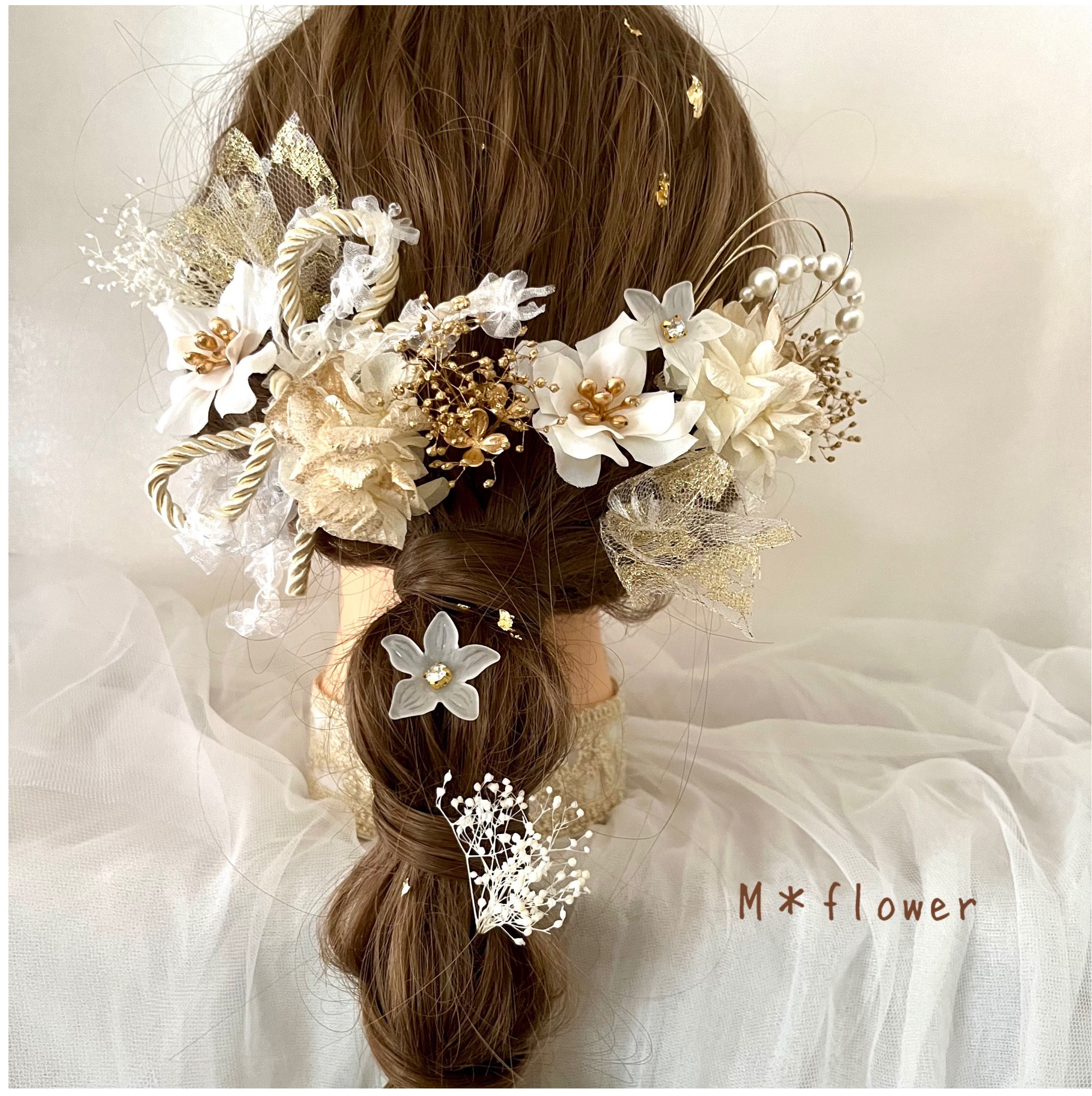《送料無料》＊ホワイトベージュ×パール水引＊成人式髪飾り 卒業式 髪飾り和装髪飾り ドライフラワー チュールレース