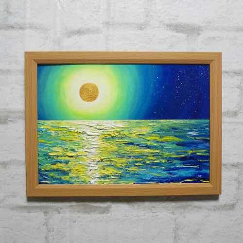 油絵 油彩 油彩画 絵 絵画 【オレンジ色の満月と輝く海】 - メルカリ