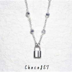 ステンレス・ロックネックレス シルバービーズ 銀色南京錠