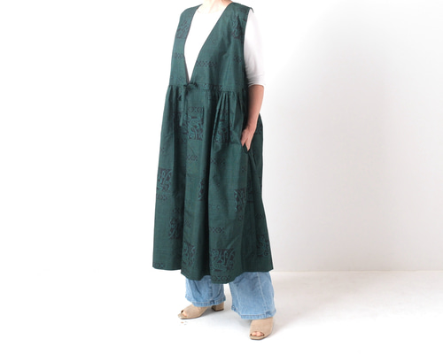 アンティーク大島紬のカシュクールワンピース ジレ ジャンパースカート