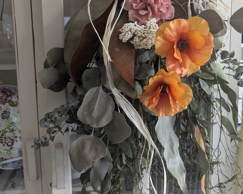 ドライフラワーリース　ドライフラワースワッグ　ミモザ　ラナンキュラス  ひな祭り ドライフラワーリース ドライフラワースワッグ ミモザ