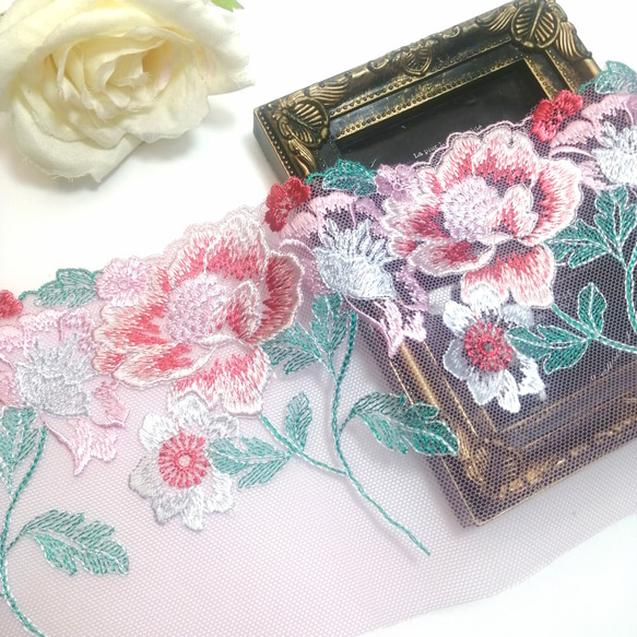 1m ピンク色 大きい花 刺繡 チュールレース ハンドメイド 生地 手芸 