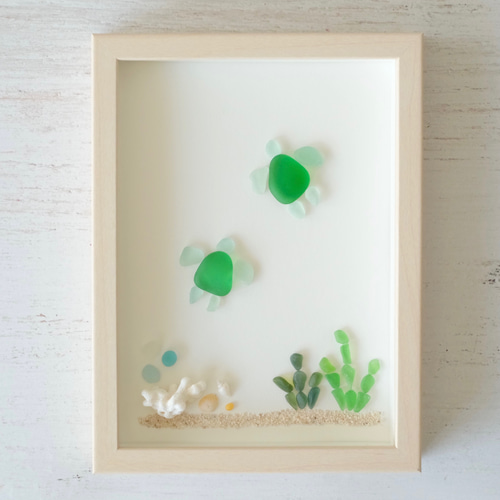 シーグラスアート『2匹のウミガメ』/海/夏/ガラスアート/インテリア