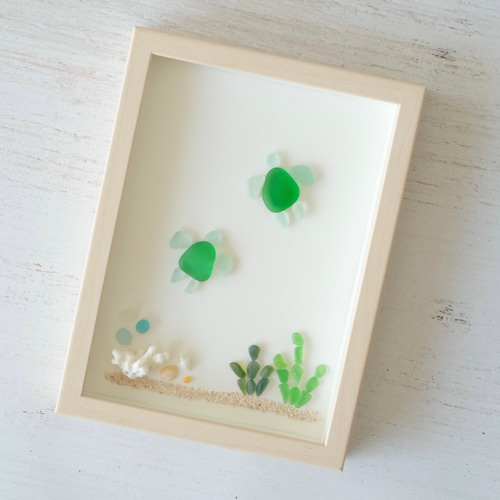 シーグラスアート『2匹のウミガメ』/海/夏/ガラスアート/インテリア