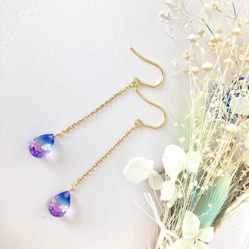 紫陽花グラデーション ロングピアス/イヤリング ブルー〜ピンク ピアス