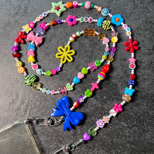 SM37 スマホショルダー ビーズスマホショルダーチェーン カラフル×青