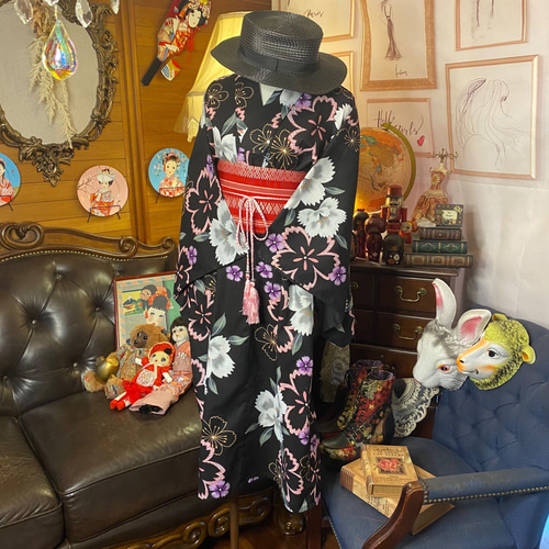 着物リメイク☆359浴衣ワンピース／サイズL～LL 着物リメイクワンピース浴衣ドレスキャミソールワンピース撫子の
