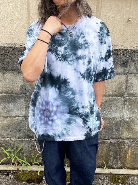 タイダイ ビッグシルエット Tシャツ XLサイズ 曼荼羅 ブラック ムラ染め Hippies Dye HD21-94
