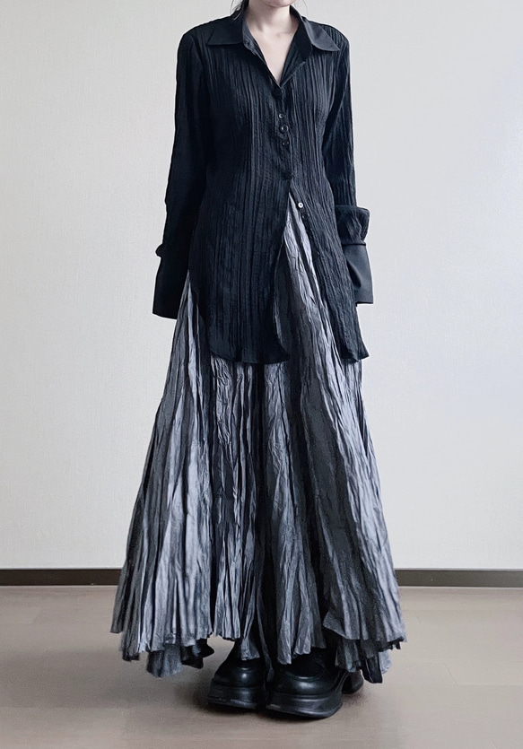 すらりと魅せてコーデの格を引き上げ♪シワ加工スカート ブルーグレー 人気・おすすめ｜使いやすい・旅行におすすめ 品質保証 全国発送 在庫限り