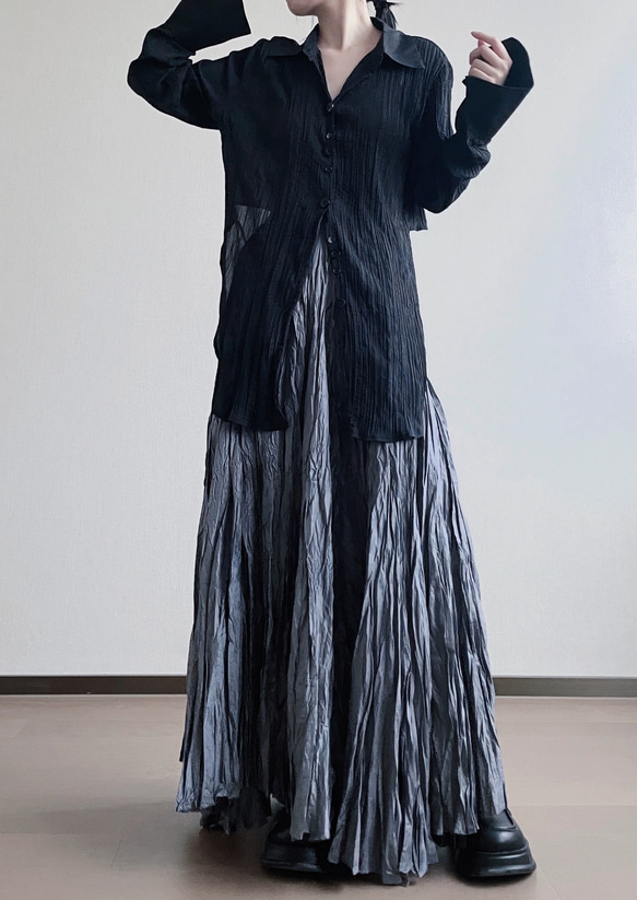 すらりと魅せてコーデの格を引き上げ♪シワ加工スカート ブルーグレー 人気・おすすめ｜使いやすい・旅行におすすめ 品質保証 全国発送 在庫限り