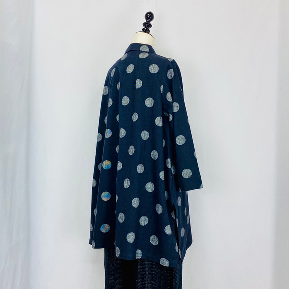 【マンガン絣】スリットロングブラウス 水玉 ドット スミ黒 長袖 柔軟起毛加工 