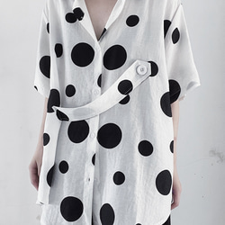 【Awfully 】2wayドットシャツ □飾りベルト付きの2wayレトロ☆バブルドット柄シャツ ホワイト シャツ