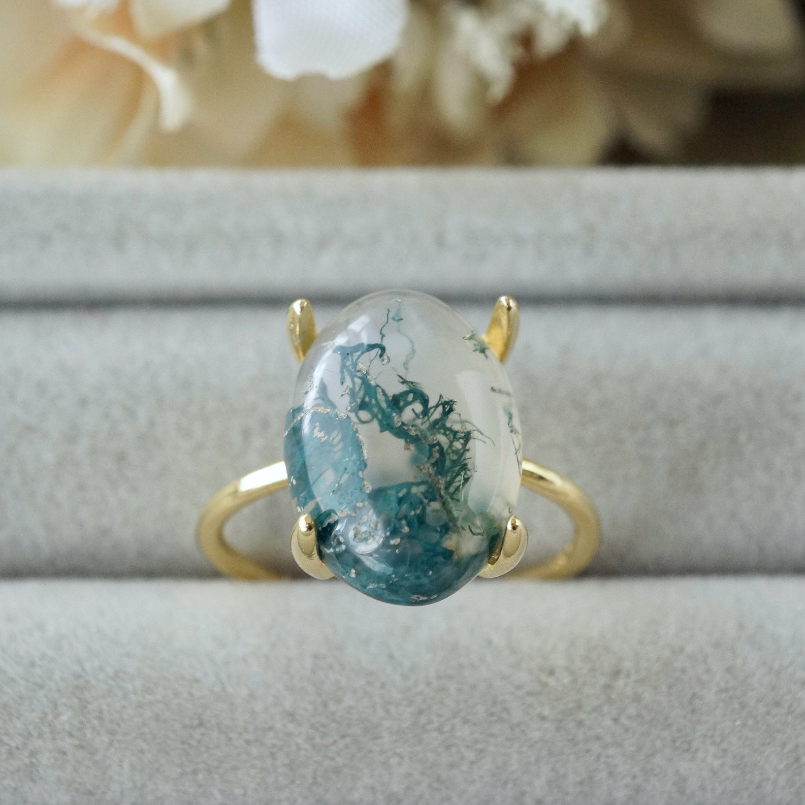 【受注制作】モスアゲート　7号〜フリーサイズリング　シルバー925　14x10mm