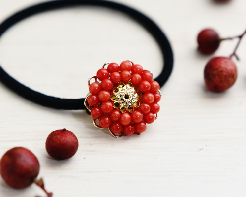 プリュイ　ロンハーマン　コーラル　ヘアタイ　ヘアゴム　珊瑚　アンティーク プリュイ ロンハーマン コーラル ヘアタイ ヘアゴム 珊瑚