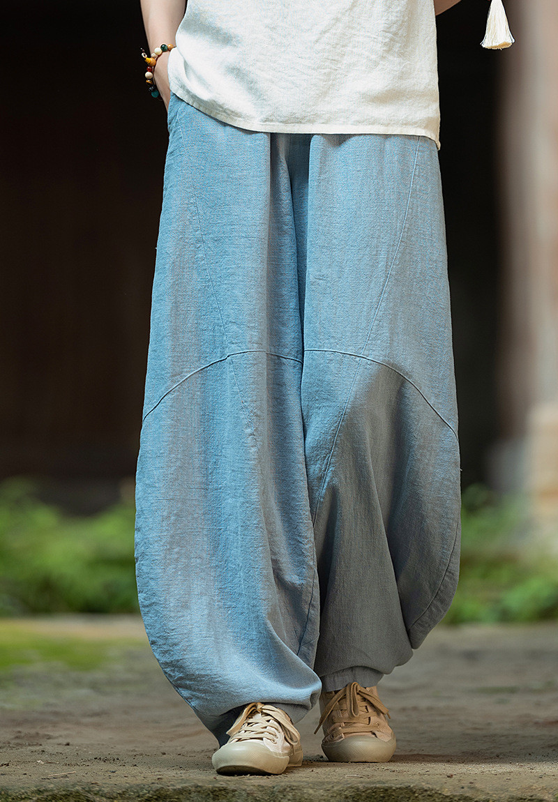砂炒做舊ワイドパンツ 苎麻ロングパンツ #61882烟青色