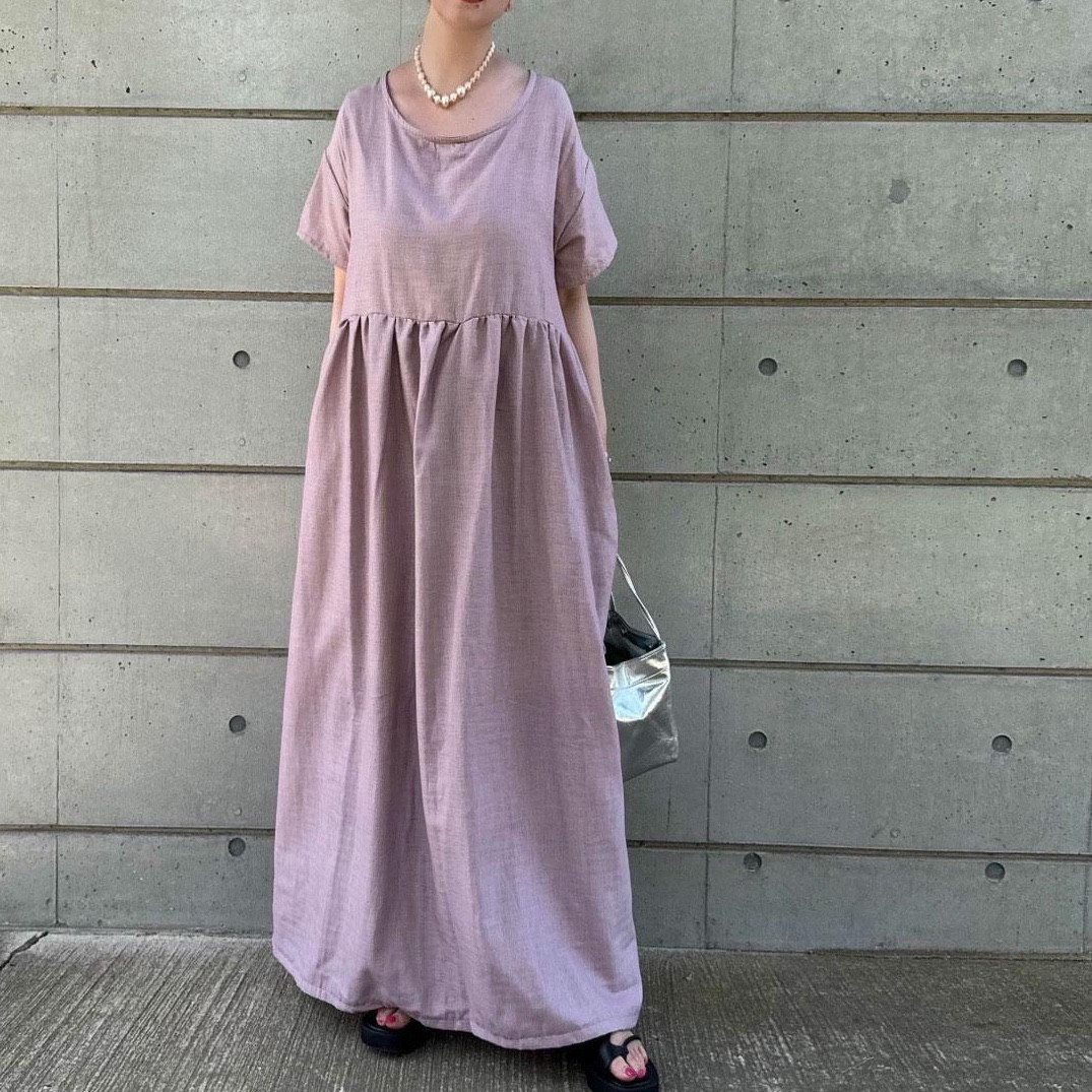 【2026再販】■10日内発送■『ふわり、涼し気。ニュアンスカラーのフレンチガーゼワンピース』ロング丈 無地 半袖 春