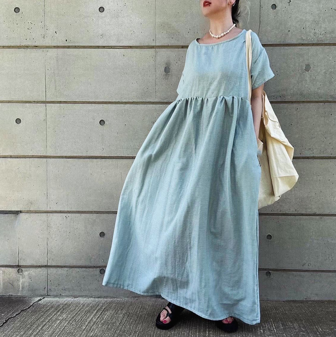 【2026再販】■10日内発送■『ふわり、涼し気。ニュアンスカラーのフレンチガーゼワンピース』ロング丈 無地 半袖 春