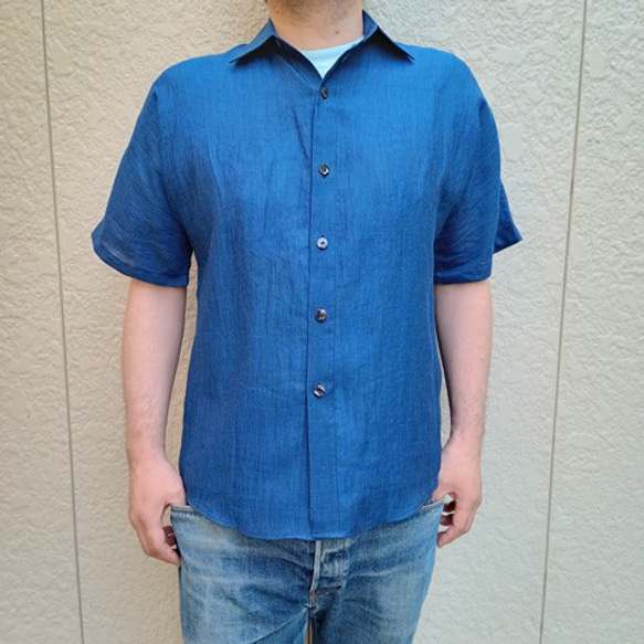 お客様オーダー分 近江麻手もみシャツ（黒×ブルー） シャツ・ブラウス  